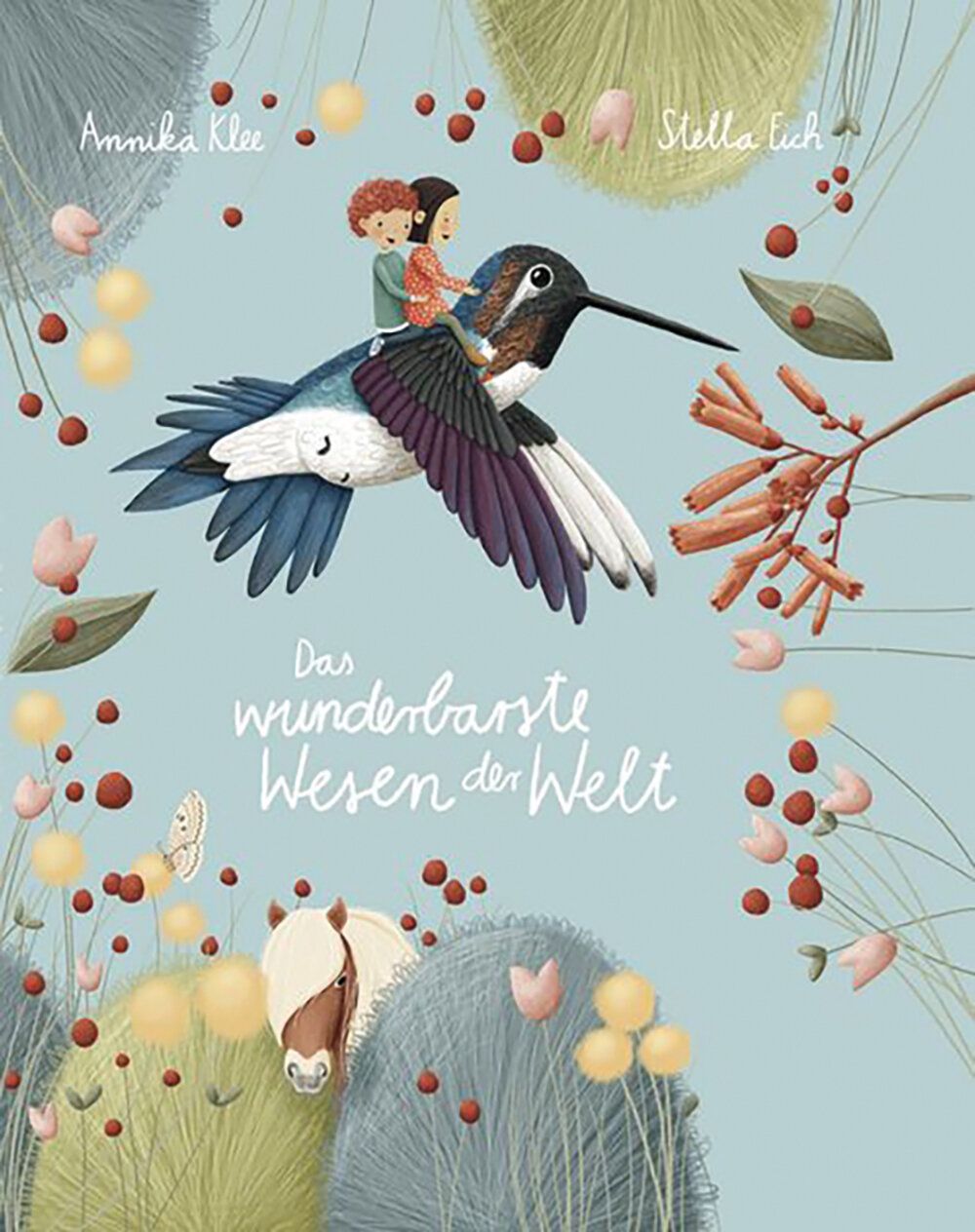 Buchcover, Illustration, zwei Kinder sitzen auf einem fliegnden Vogel