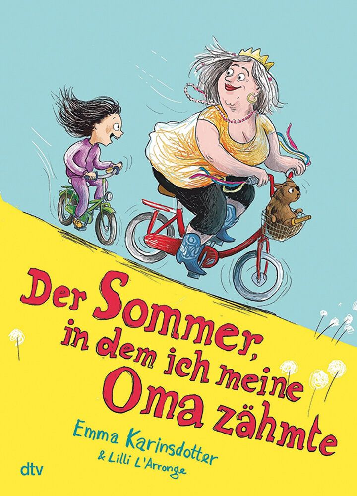 Illustration, Kind und Oma fahren Fahrrad