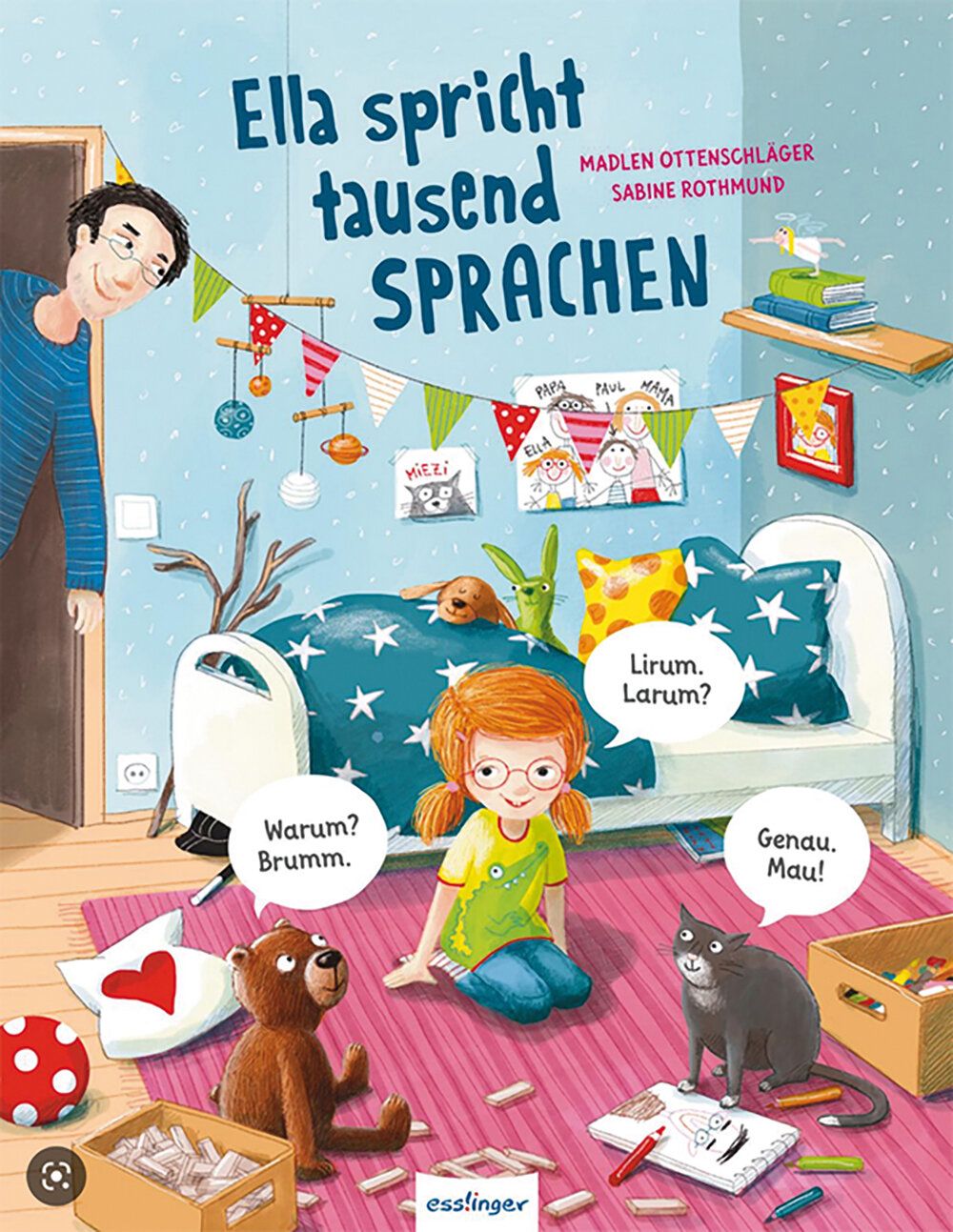 Illustration, Mädchen sitzt im Kinderzimmer und spricht mit Katze und Teddy, Vater schaut rein