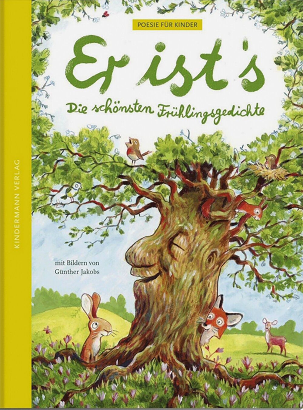 Illustration, Hase und Fuchs stehen bei einem Baum mitlachenden Gesicht, im Hintergrund ein Reh