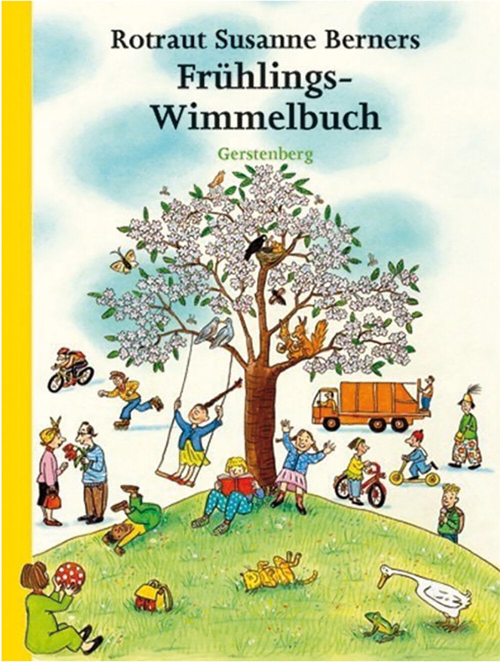 Illustration von einem blühenden Baum, drumherum sind viele Menschen und Tiere in Aktion