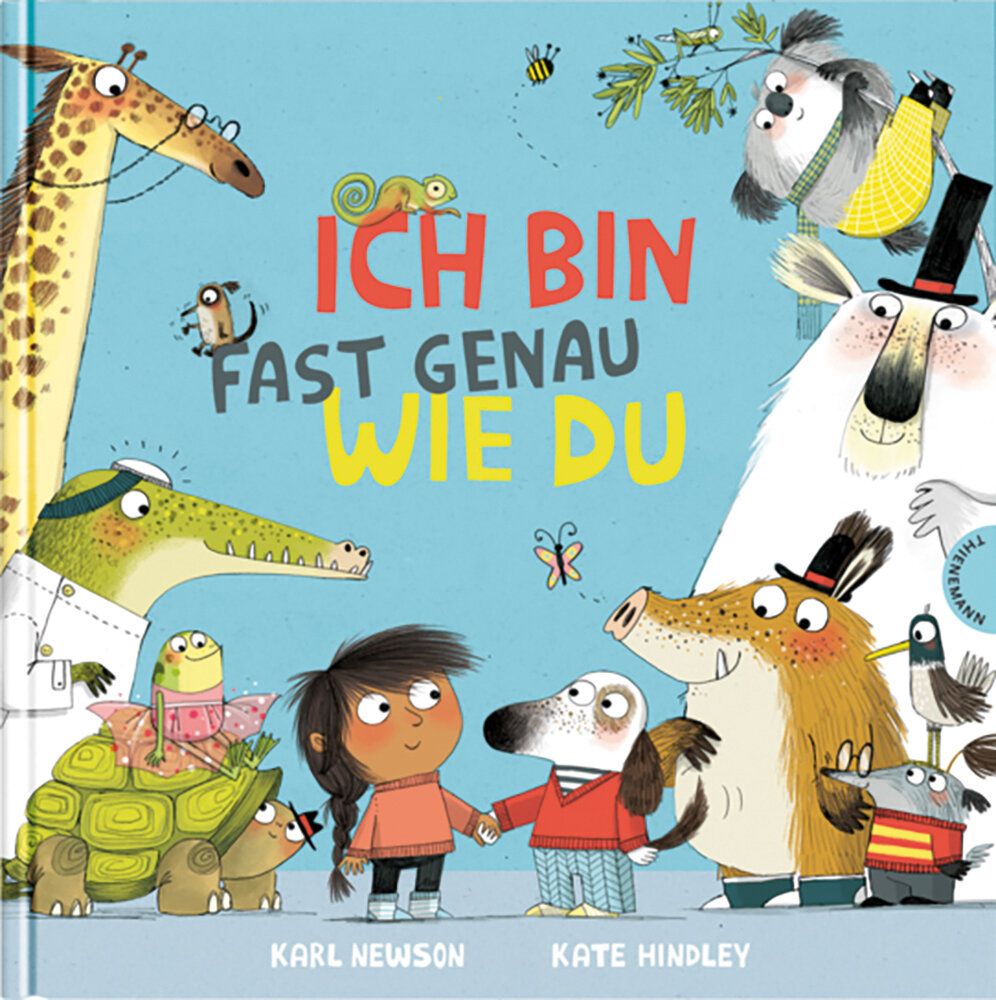 Buchcover, Illustration von einem Mädchen mit vielen Tieren, die alle unterschiedlich sind, Typografie