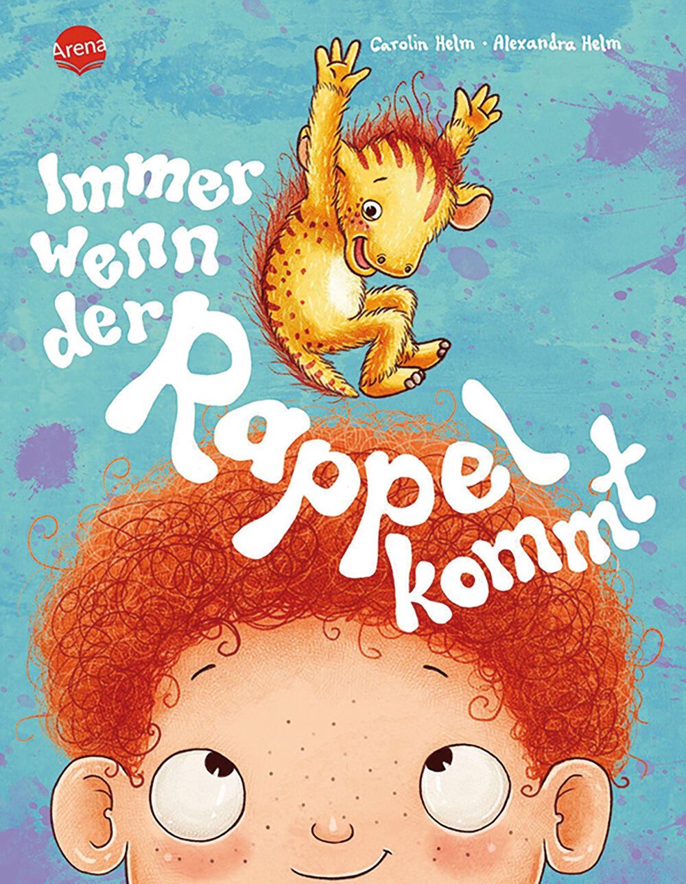 Illustration, auf dem Kopf eines Kind mit roten Locken hüpft ein Tier herum