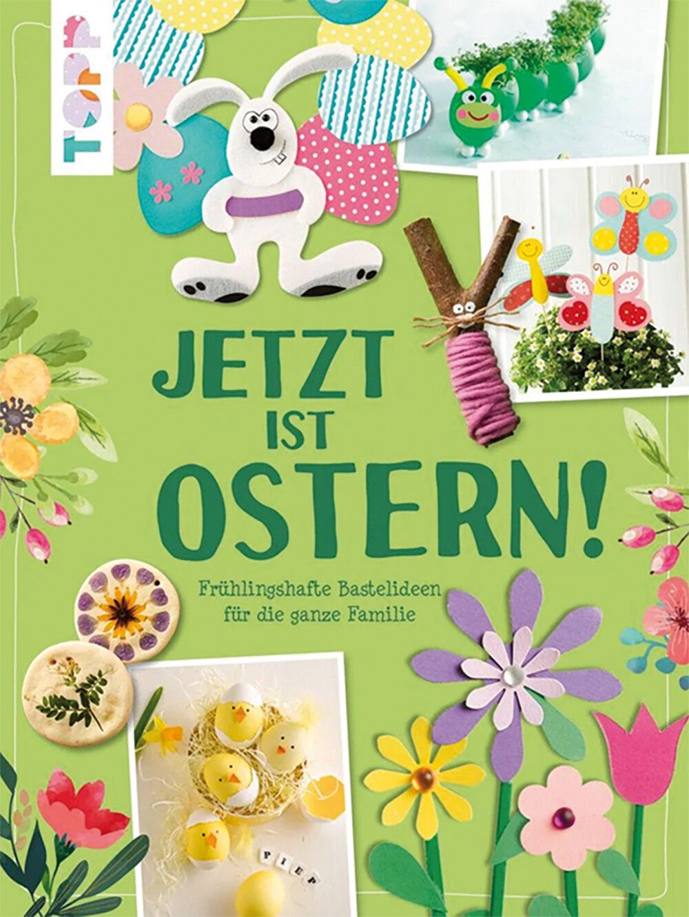 collageartiger Buchtitel mit Fotos, Schrift und Objekten zum Thema Ostern