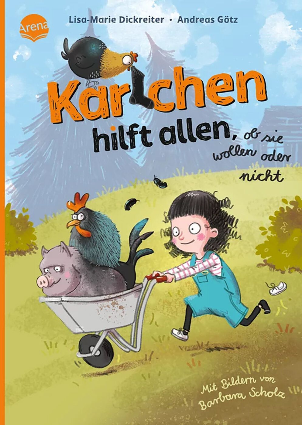 Buchcover „Karlchen hilft allen“, Kind mit Schubkarre rennt über eine Wiese, in der Schubkarre sitzen ein Schwein und ein Huhn