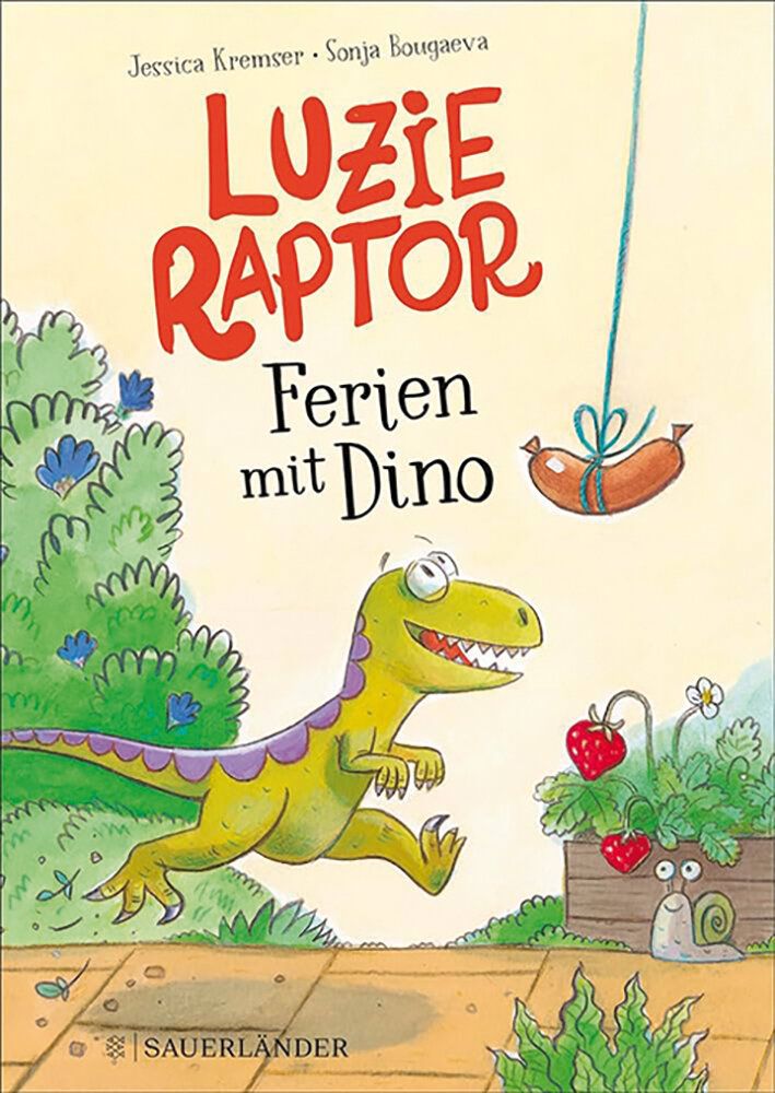 Cover des Buchs Luzie Raptor – Ferien mit Dino, Illustration eines Dinosauriers, der hinter einer Wurst am Faden herläuft