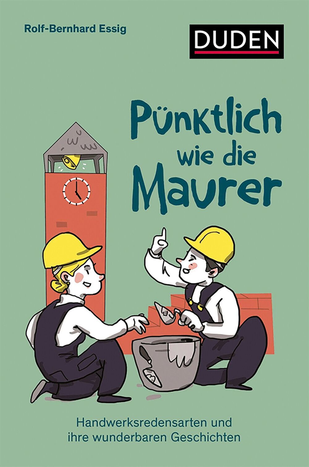 Illustration von einem Maurer und einer Maurerin bei der Arbeit, im Hintergrund ein Kirchturm mit Uhr