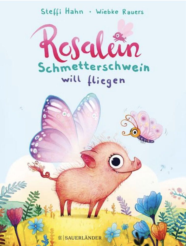 Illustration eines Schweinchens mit Schmetterlingsflügeln