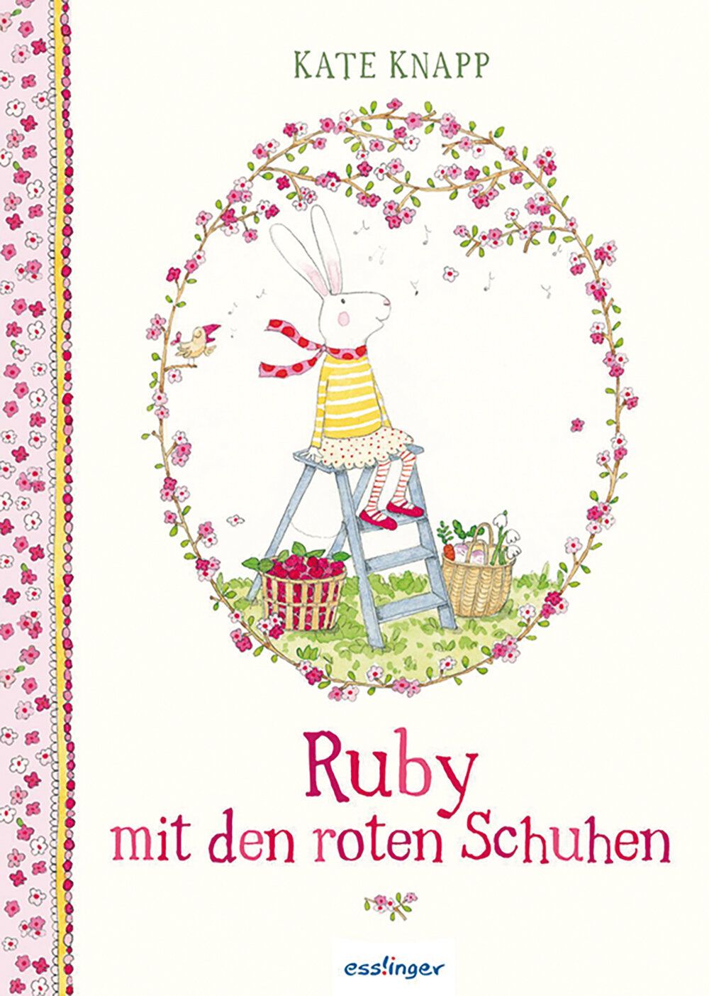 Illustration, bekleidetes Hasenmädchen mit roten Schuhen  sitzt auf einer Trittleiter, darunter Körbe mit Blumen und Früchten