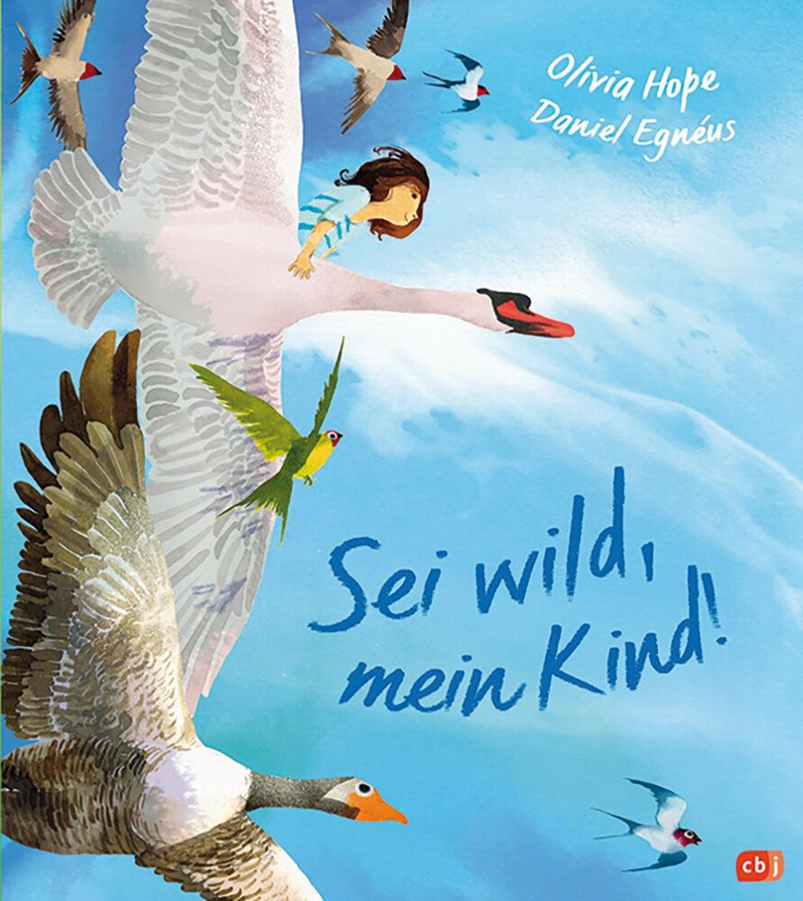 Illustration, Kind sitzt auf einem Schwan und fliegt mit verschiedenen Vögeln durch die Luft