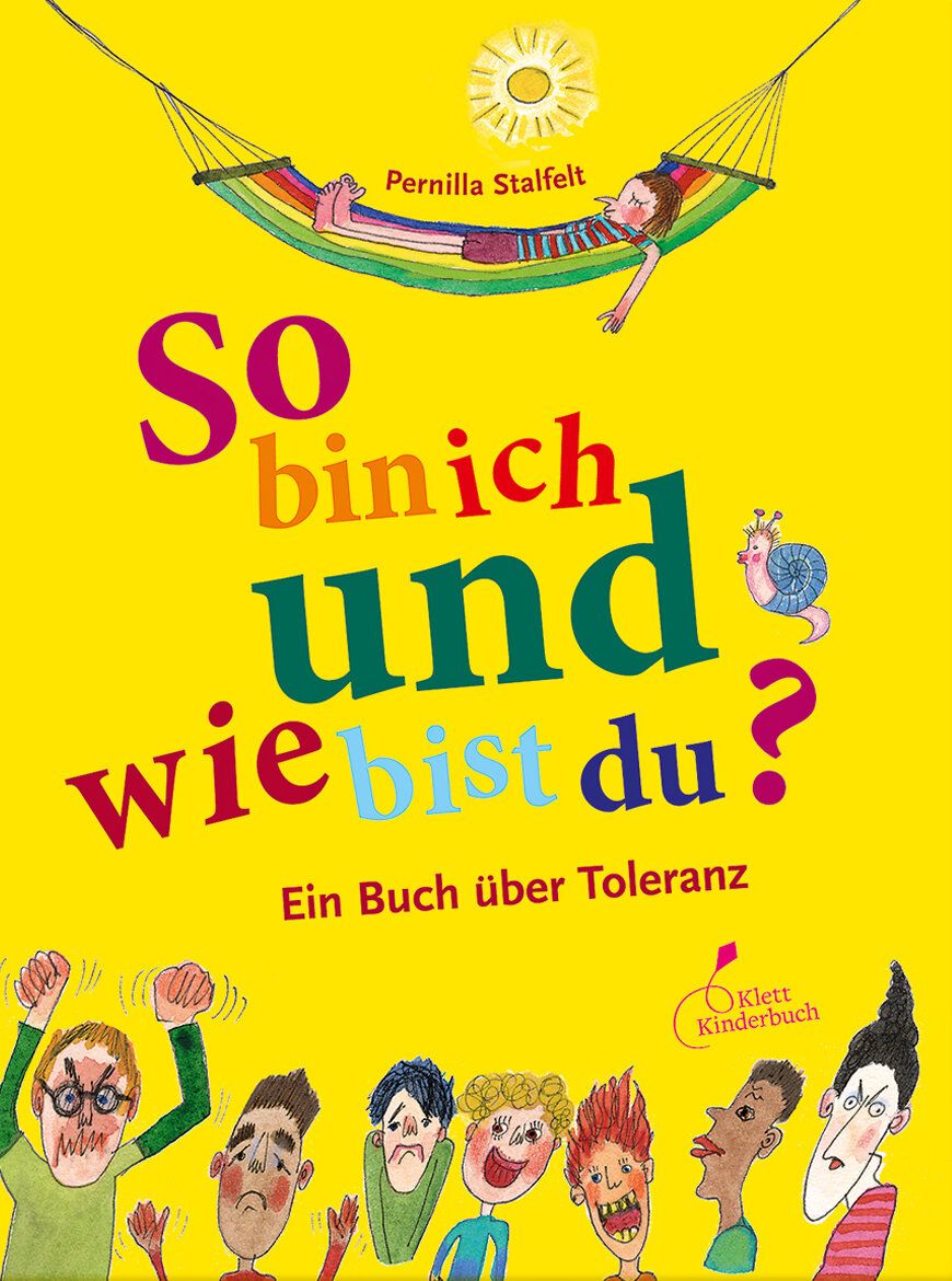 Große Headline, kleine Illustrationen von verschiedenen Figuren, eine liegt am oberen Rand in einer Hängematte, Hintergrund gelb