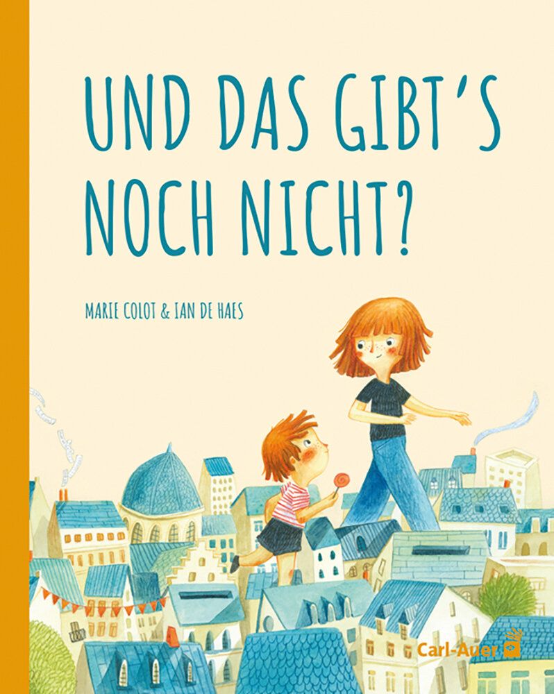 Illustration, Mutter und Kind sind überdimensional groß und gehen durch eine kleine Stadt