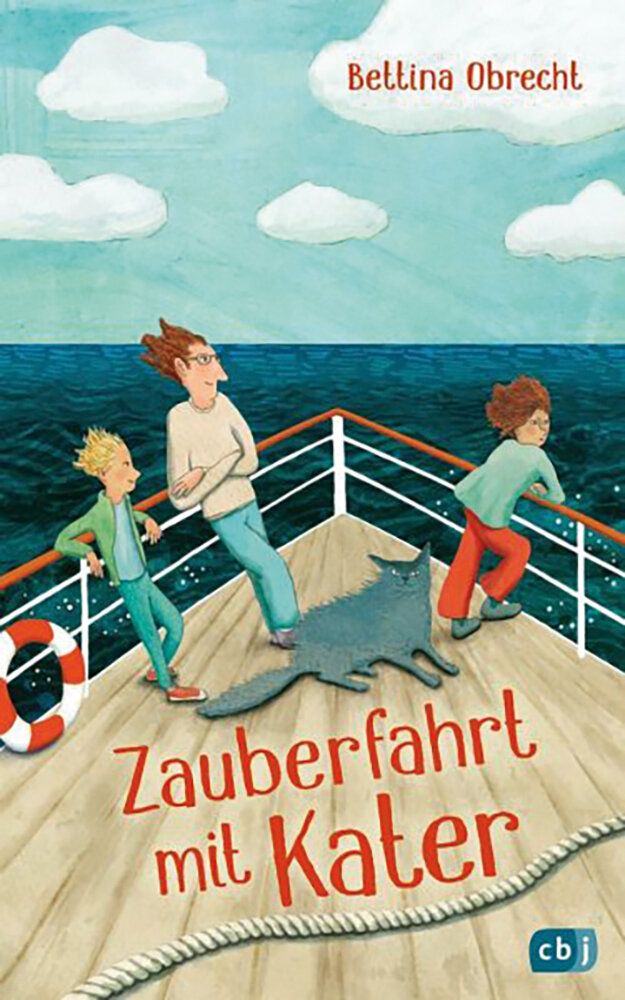 Illustration von Vater mit zwei Kindern und einer Katze auf der Reling eines Schiffes