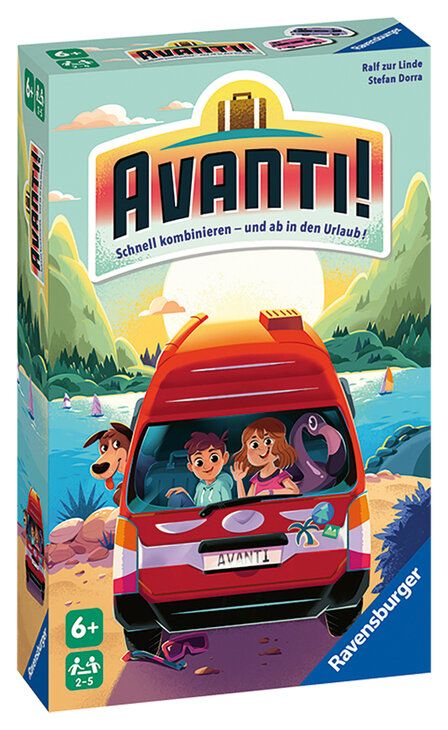 Verpackung des Spiels Avanti, Illustration einer Familie im Auto vor See und Bergen