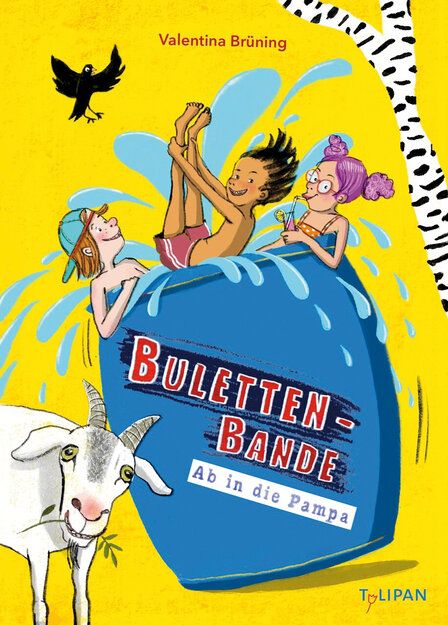 Cover des Buches Bulletten-Bande, Illustration von Kindern, die in einer Tonne planschen, davor steht eine Ziege