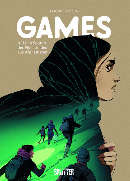 Cover des Buches Games auf den Spuren der Flüchtenden aus Afghanistan, Illustration von Menschen auf der Flucht