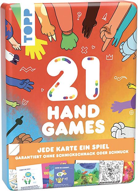 Verpackung des Spiels Hand Games, Typografie 21 Hand Games, darum verschiedene Cartoon-Händen, die in die Mitte auf die Schrift zeigen