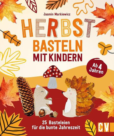 Cover des Buches „Herbst Basteln mit Kindern“, abgebildet sind Herbstlaub und gebastelte Tierfiguren und Typografie