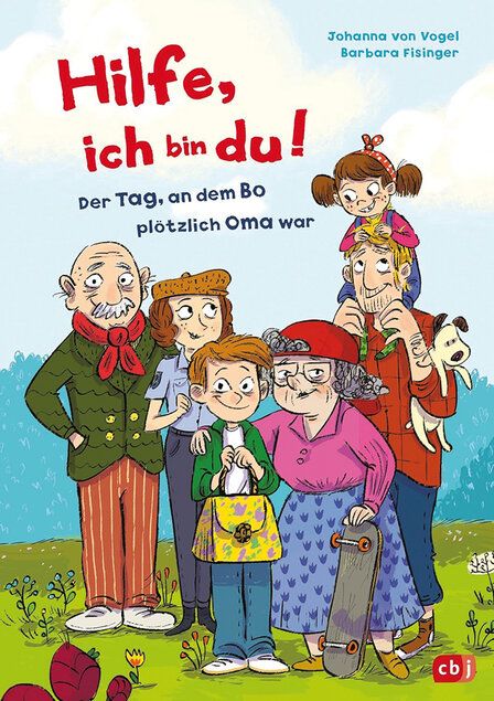 Cover des Buches Hilfe ich bin du, Illustration einer Familie mit Großeltern und Hund, ein Junge trägt die Tasche der Oma