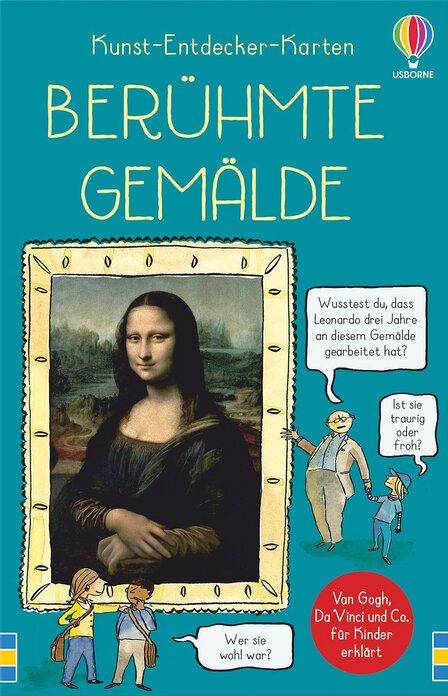 Cover der Verpackung von Kunst Entdecker Karten berühmte Gemälde Titelbild, Foto der Mona Lisa, kombiniert mit gezeichneten Figuren, Sprechblasen und Typografie