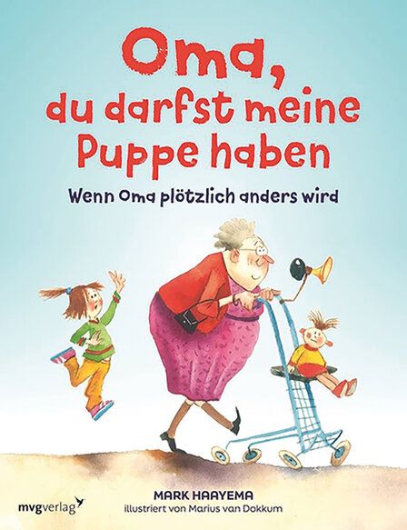 Buchcover, Illustration, eine alte Frau schiebt einen Rollator, auf dem eine Puppe sitzt, ein Mädchen läuft hinterher