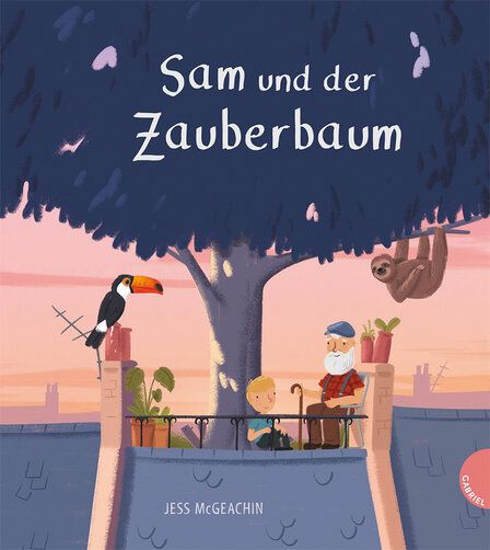 Buchcover, Illustration, Opa, Enkel und ein Tukan sitzen auf einer Dachterrasse