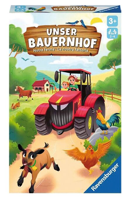 Verpackung des Spiels Unser Bauernhof, Illustration einer Bauernhof-Szene, Frau fährt mit Kind Traktor, Tiere werden aufgescheucht