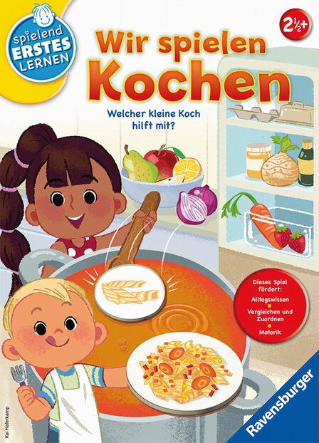 Cover des Spiels Wir spielen kochen, Illustration von zwei Kindern, die an einem großen Topf stehen und kochen, im Hintergrund: ein offener Kühlschrank