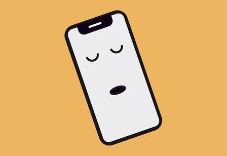 Icon Smartphone, auf dem Display sind schlafende Augen und ein offener Mund, Hintergrund ocker