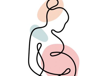Illustration einer Schwangeren aus einem Strich, farbige Formen im Hintergrund
