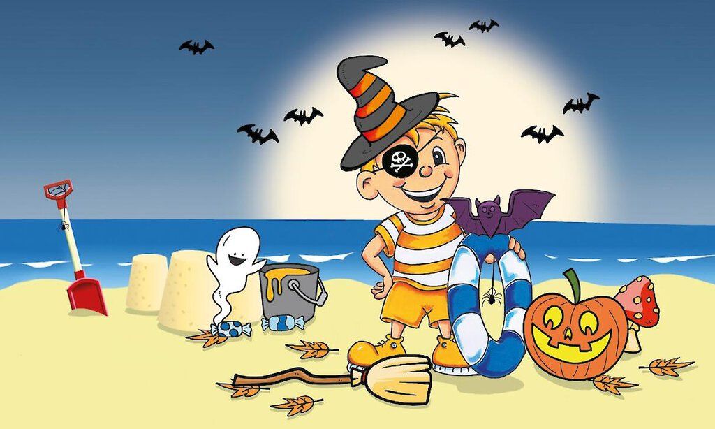 Zeichnung von Denni Düssel am Strand mit Fledermäusen und Halloween-Deko.