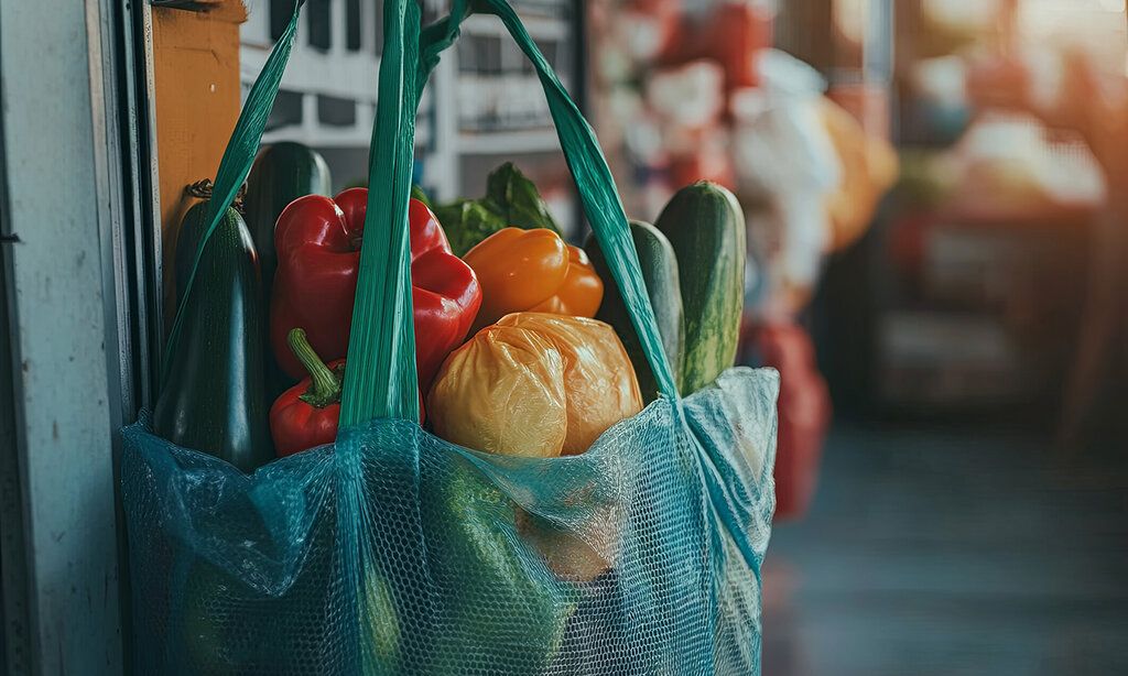 Eine wiederverwendbare Einkaufstasche, gefüllt mit frischem Obst und Gemüse, um Plastikmüll zu vermeiden