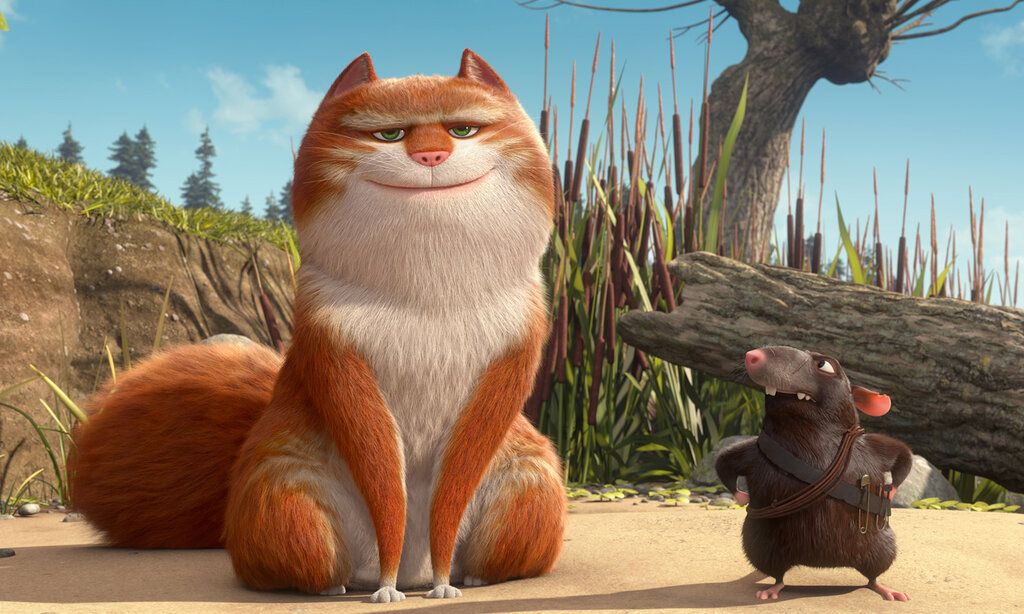 Animationsfilm, dicker Kater grinst, kleine Ratte steht empört neben ihm, im Hintergrund Natur