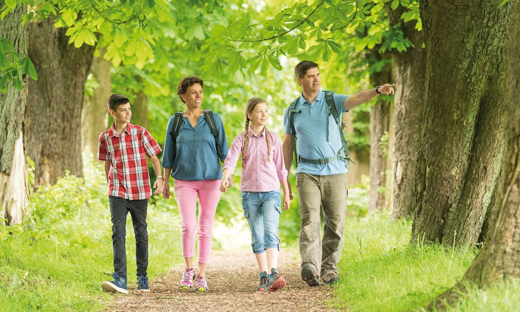 Eine Familie läuft auf einem Pfad, gesäumt von Kastanien