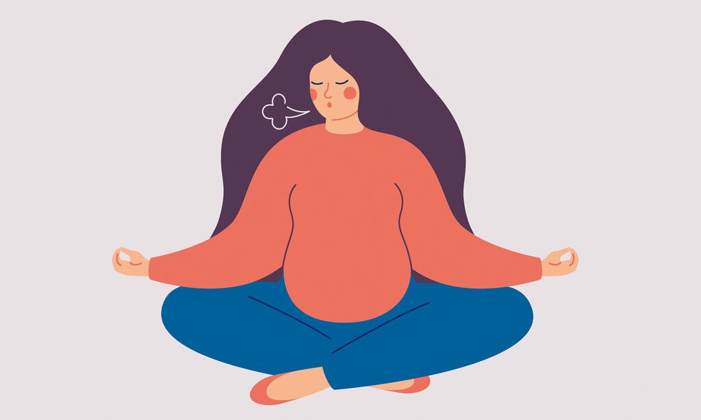 Illustration einer Schwangeren im Schneidersitz, die Yoga macht