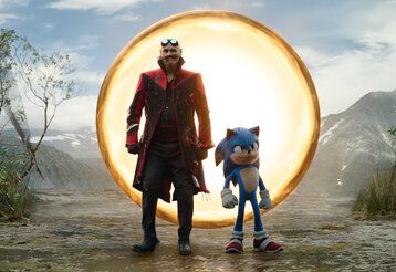 Jim Carrey as Ivo Robotnik and Sonic (Ben Schwartz) in Sonic the Hedgehog 3 from Paramount Pictures and Sega of America, Inc.